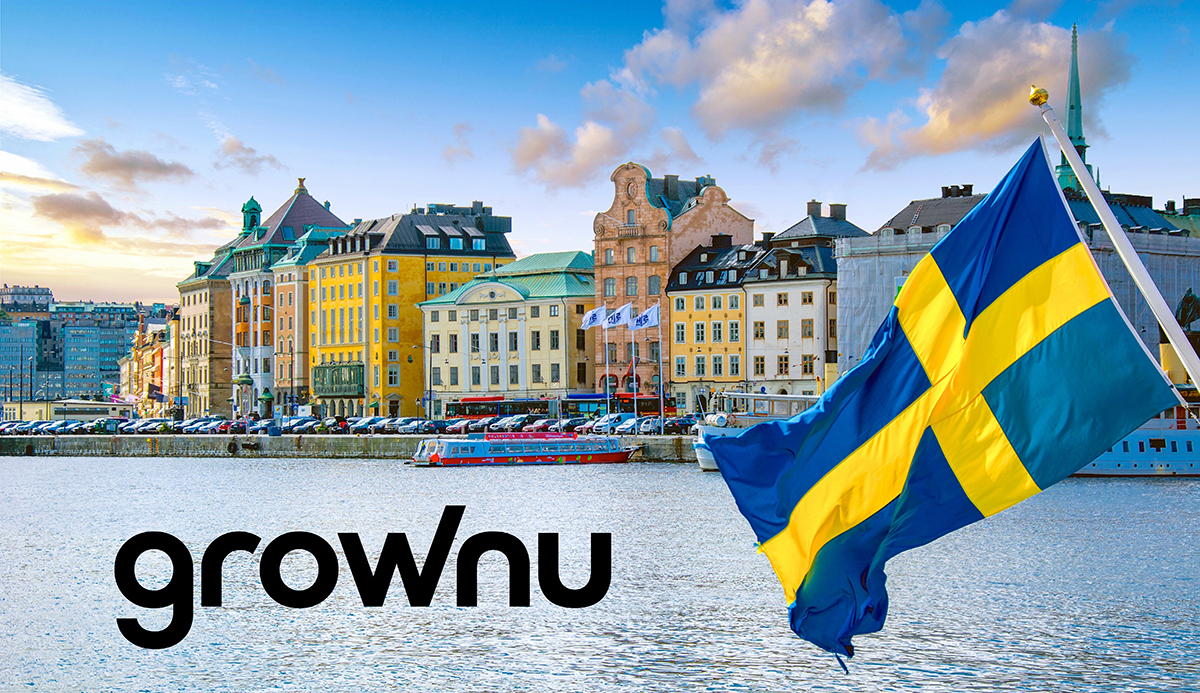 Grownu logo on the image which shows Stockholm city centre with a flag of Sweden showing that Grownu has entered the Sweden market with its product