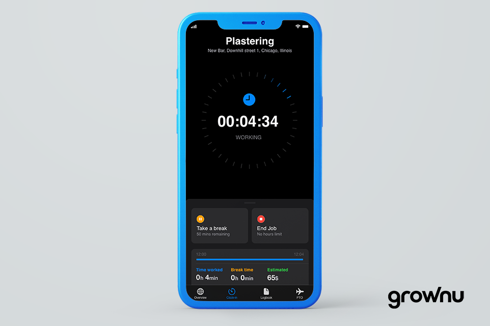 A working time registration process has been started and it shows the spinning clock in the screenshot from the mobile APP Grownu