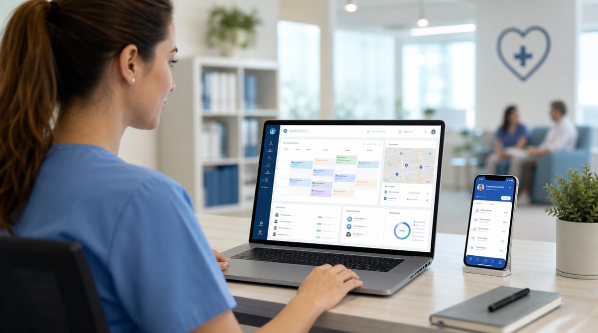 Home healthcare coordinator managing caregiver schedules, assigned visits and employee time records