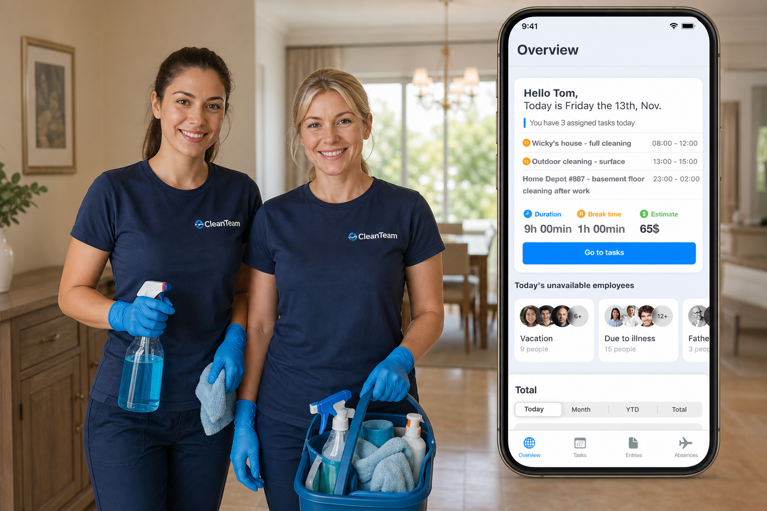 Cleaning operations manager assigning mobile tasks and reviewing facility cleaning shifts, expenses, and invoices