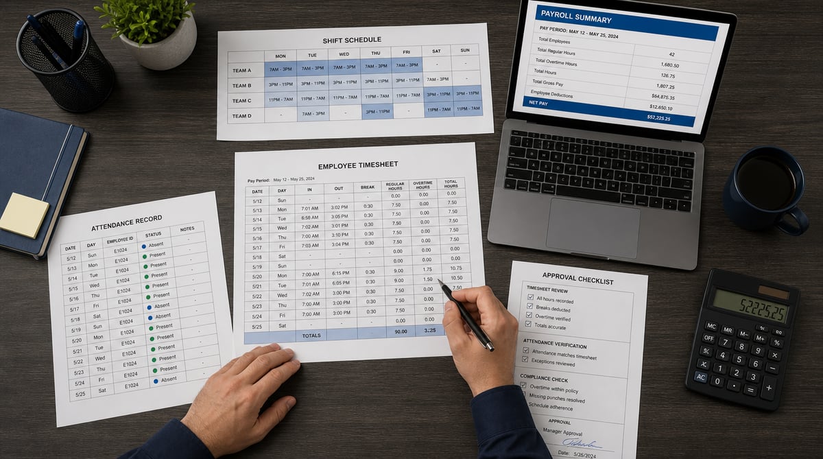 Manager reviewing employee timesheets attendance exceptions overtime leave and payroll-ready records
