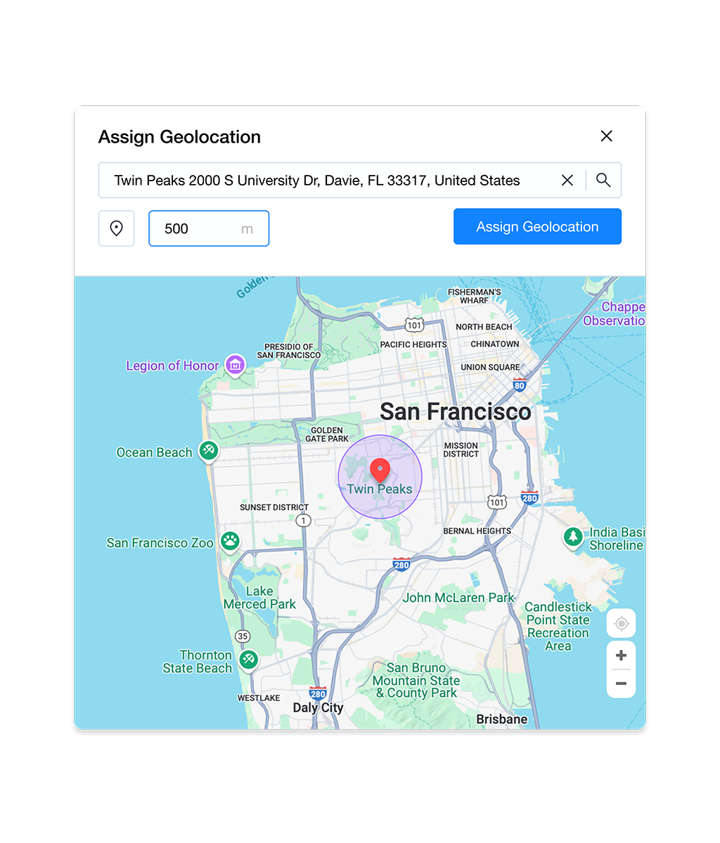 Grownu geolocation set feature example and screenshot from the system with map and address and geo pin on it determing the correct position and geozone