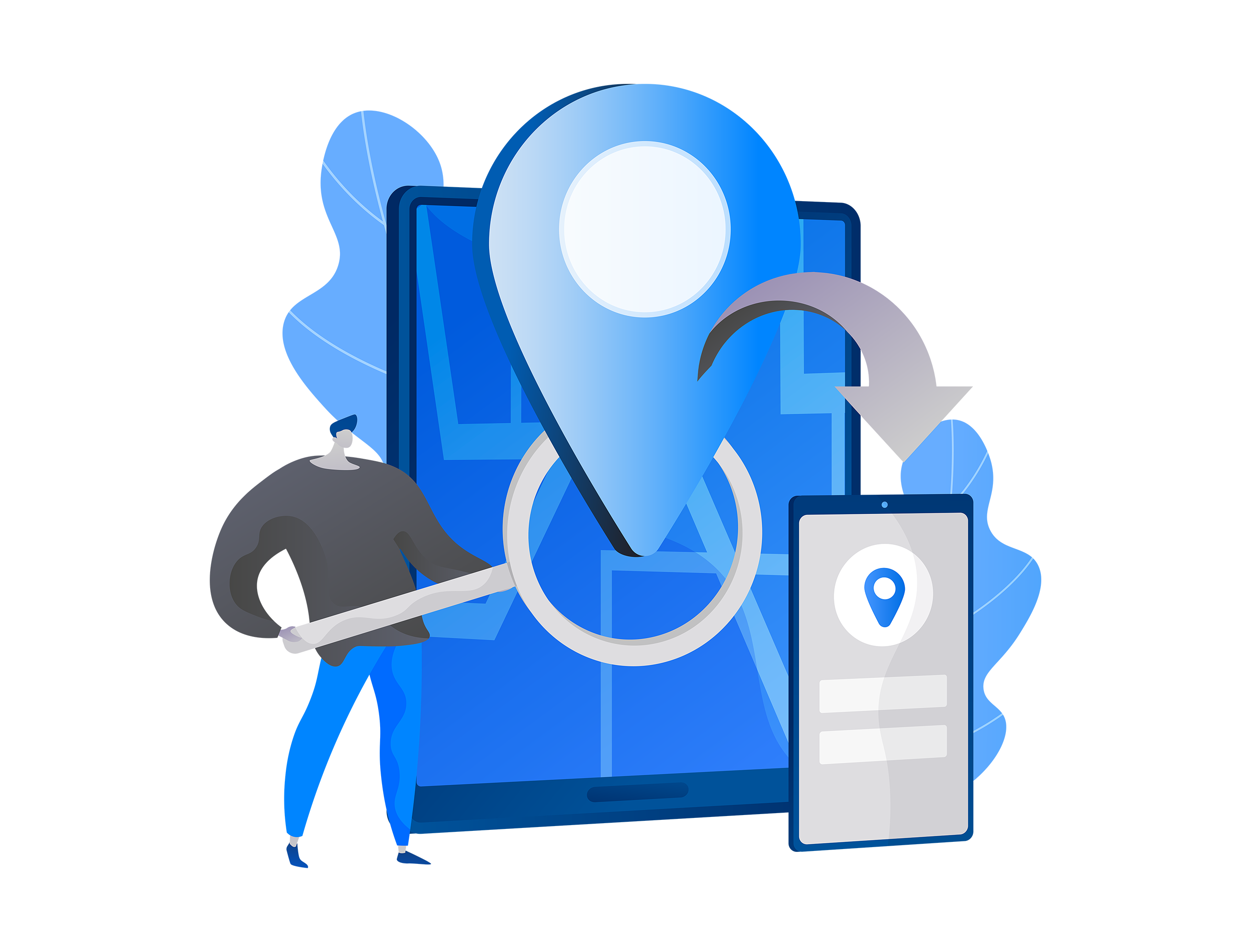 Grownu GPS work time tracking system illustration and the mobile app