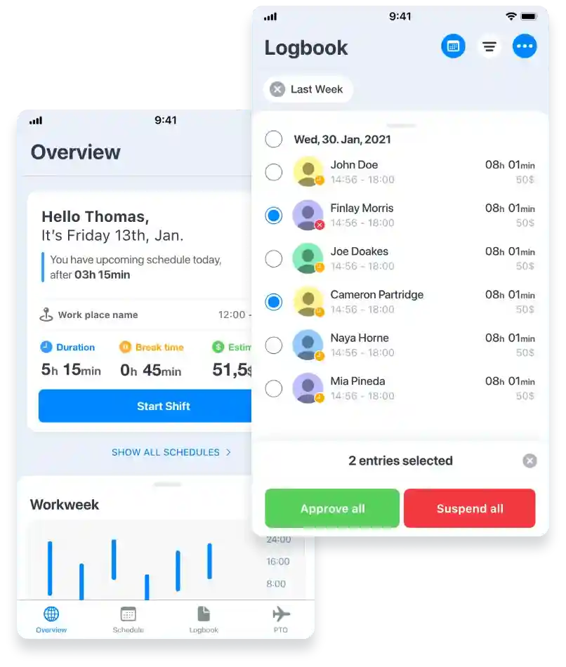 Two screenshots in the image showing Grownu workforce management system example from the mobile application