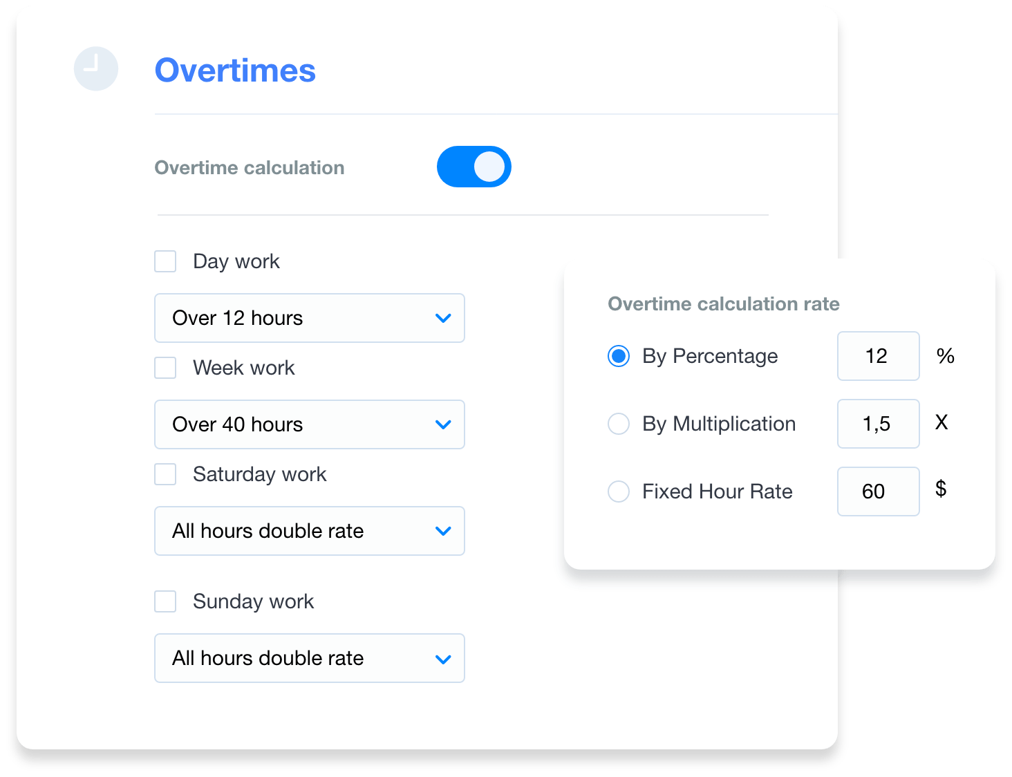 Example of individual settings and representation of overtime in the shift planning module of Grownu's time tracking system