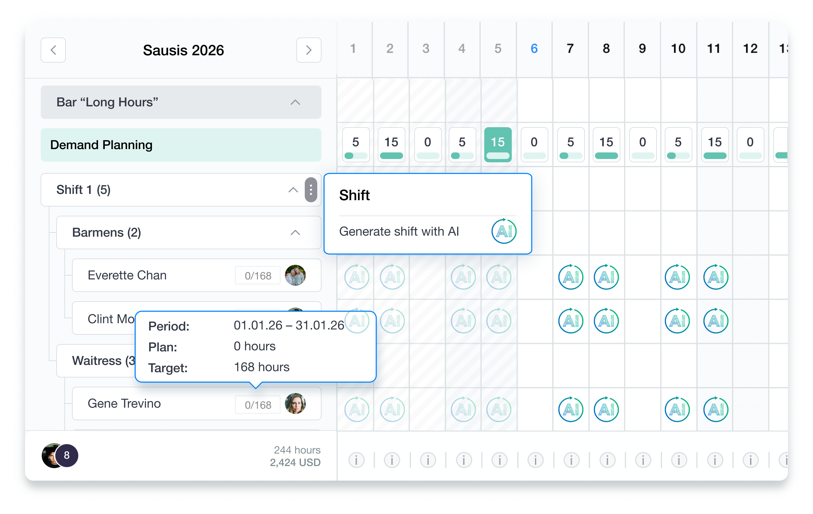 AI demand-based shift scheduling interface in Grownu