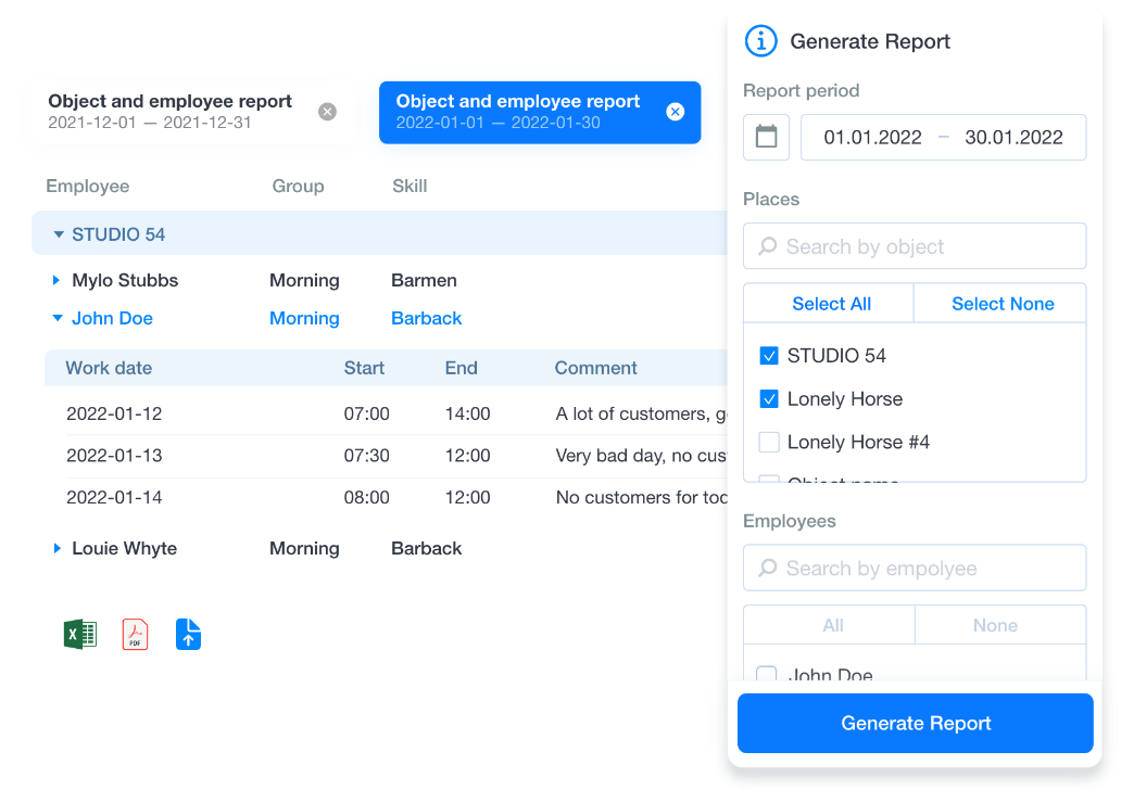Screenshot from the Grownu workforce management system showing the advanced reporting feature inside the platform