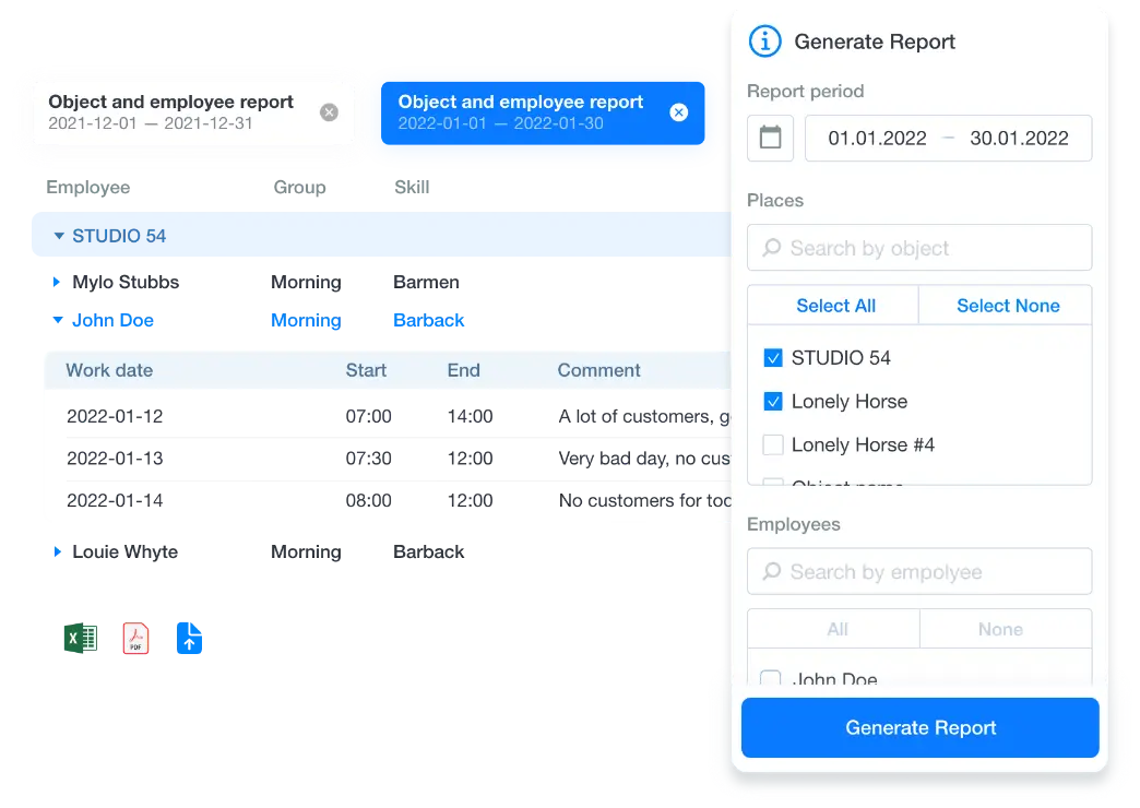 Screenshot from the Grownu workforce management system showing the advanced reporting feature inside the platform
