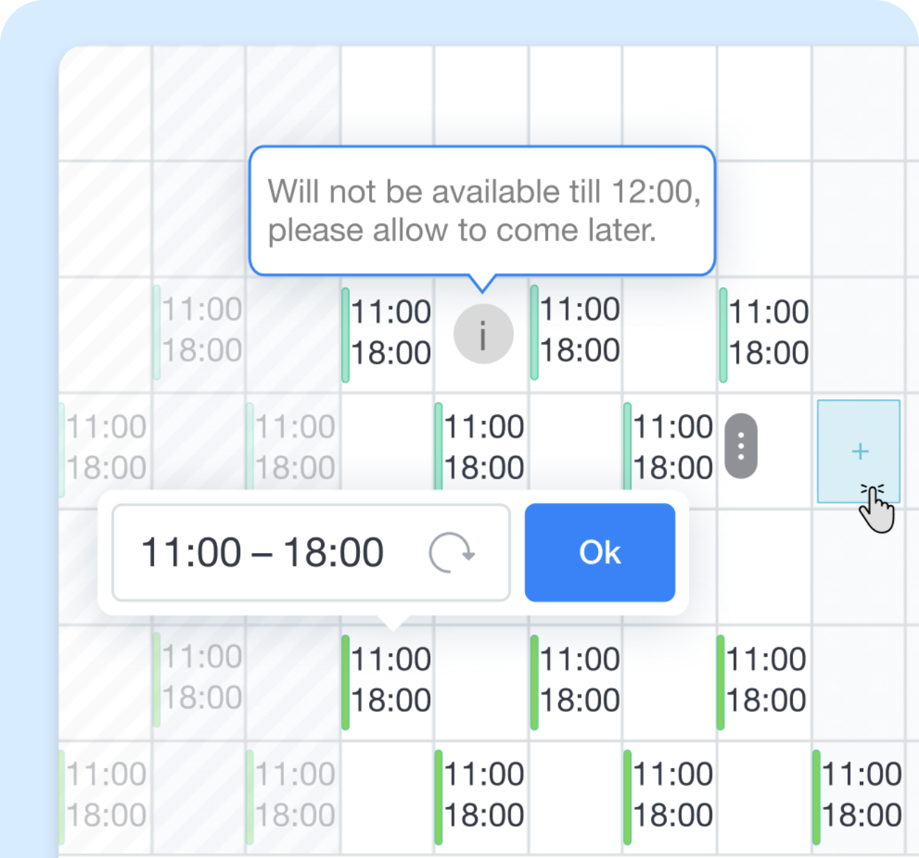 Work schedule screen showing planned shifts for employees