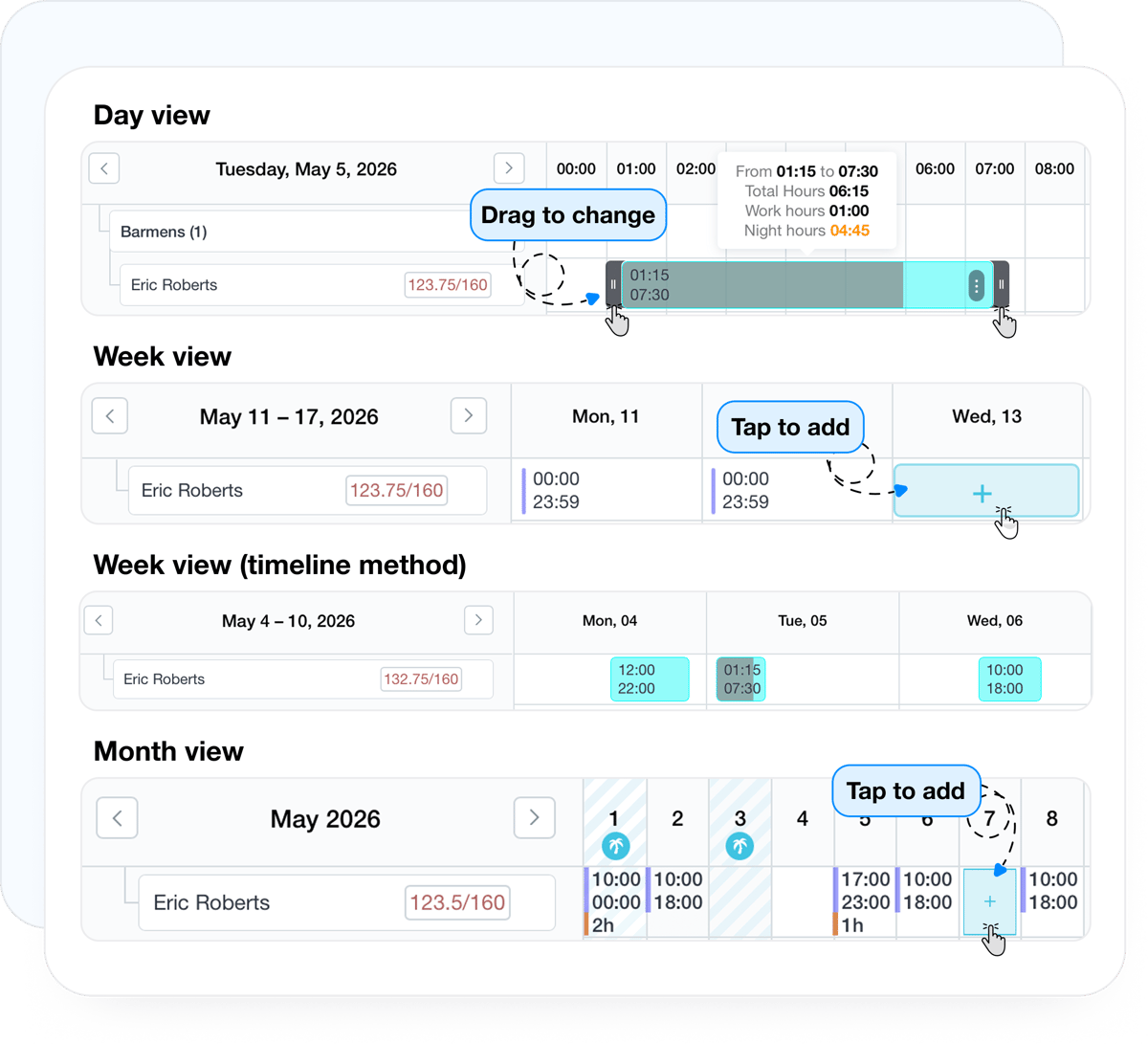 Review and adjust AI-generated schedules in day, week, and month views
