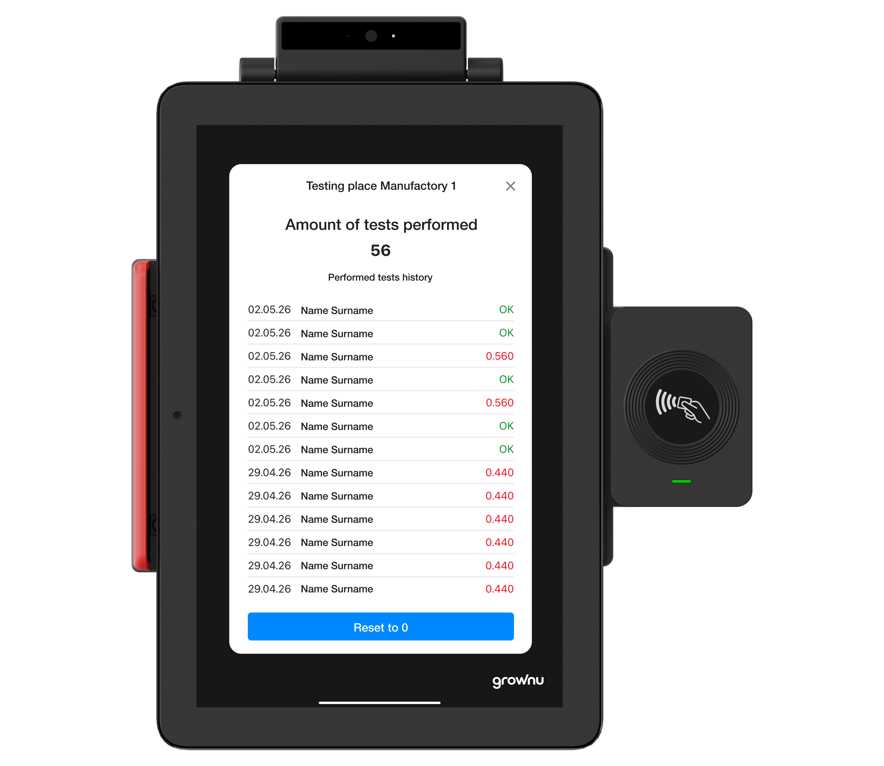 Breathalyzer test log in the Grownu web system