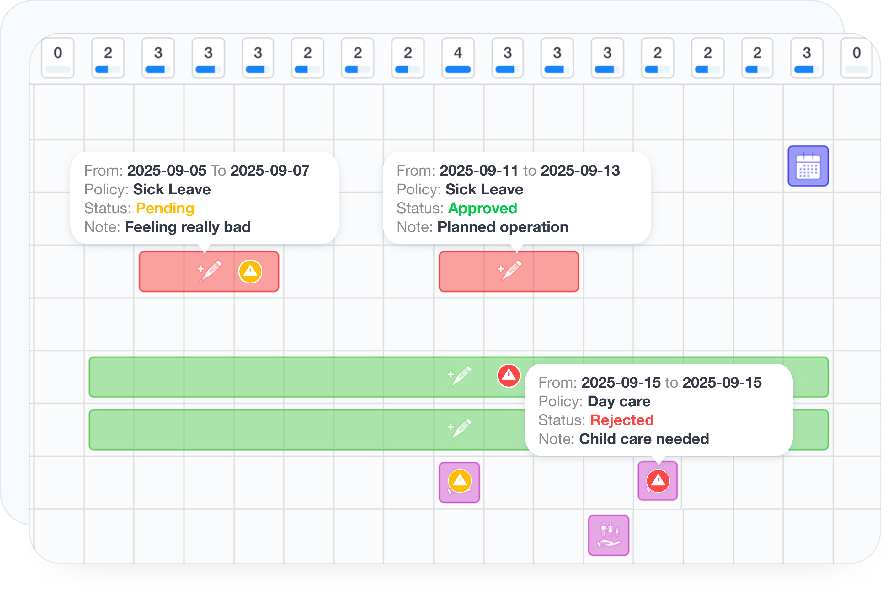 Leave calendar with requests and approval status