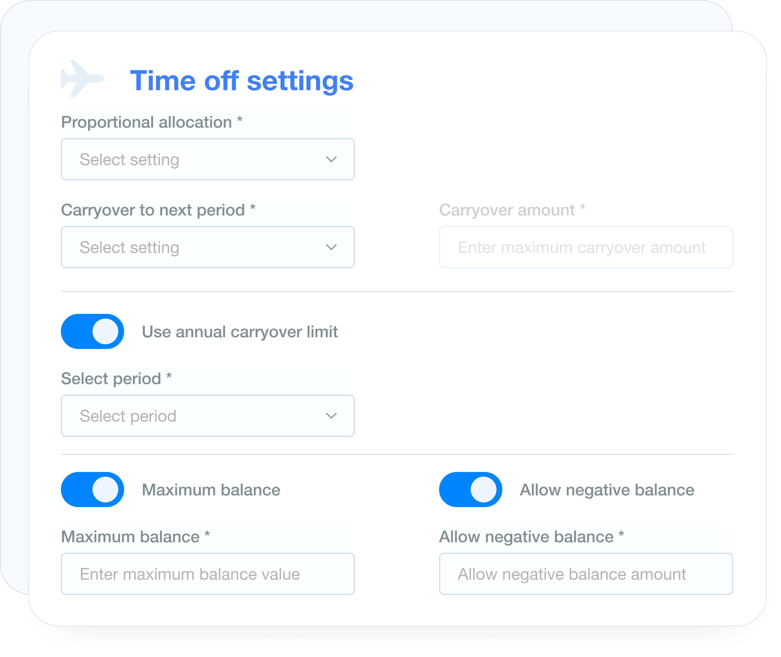 Carryover, negative balance, max balance, and expiration settings