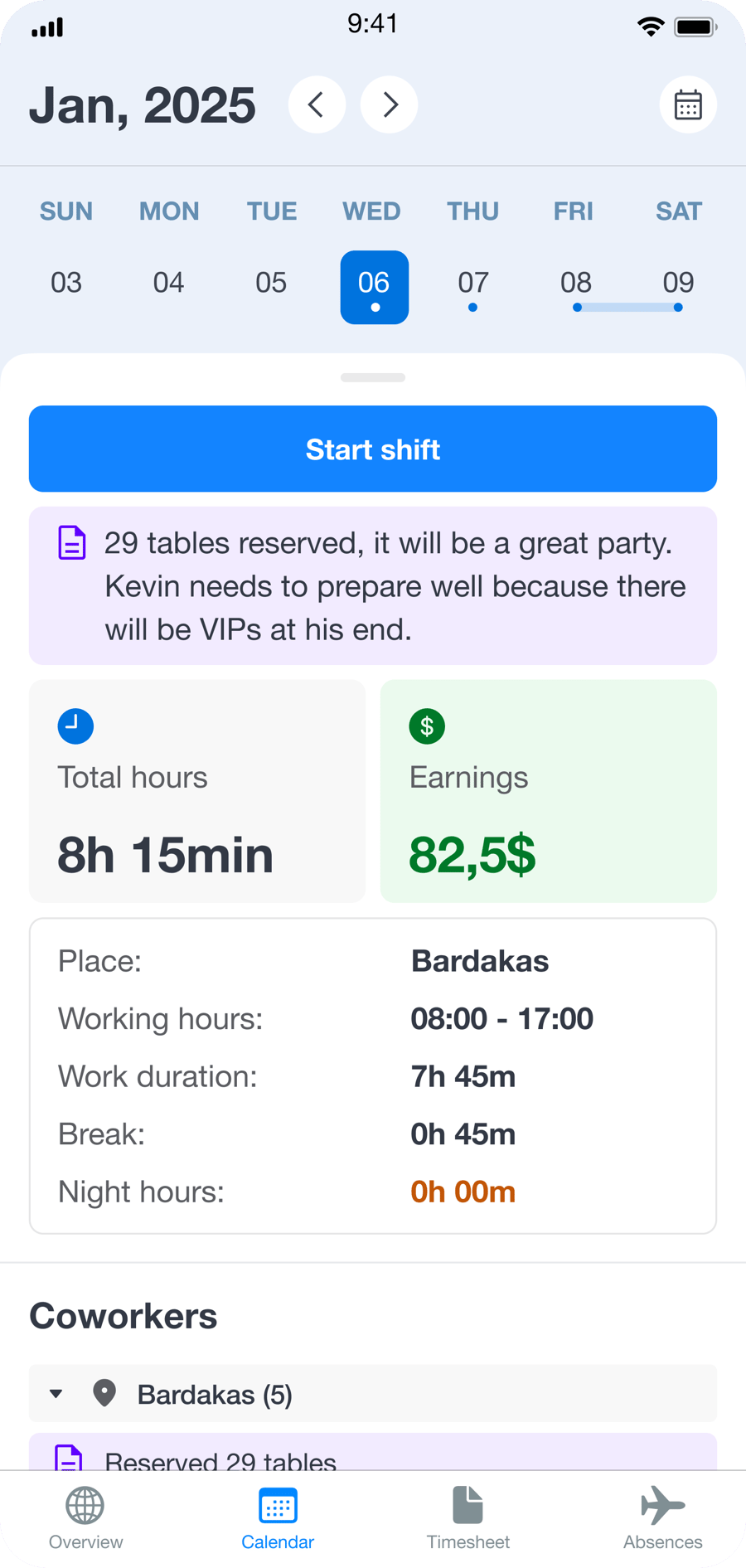Employee mobile schedule overview