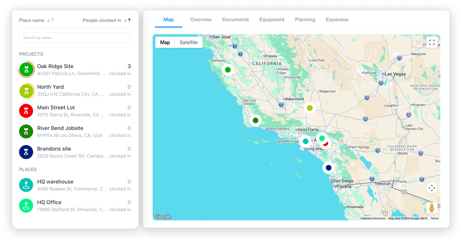 Platform view showing projects, job sites, active time tracking, and a map with work locations