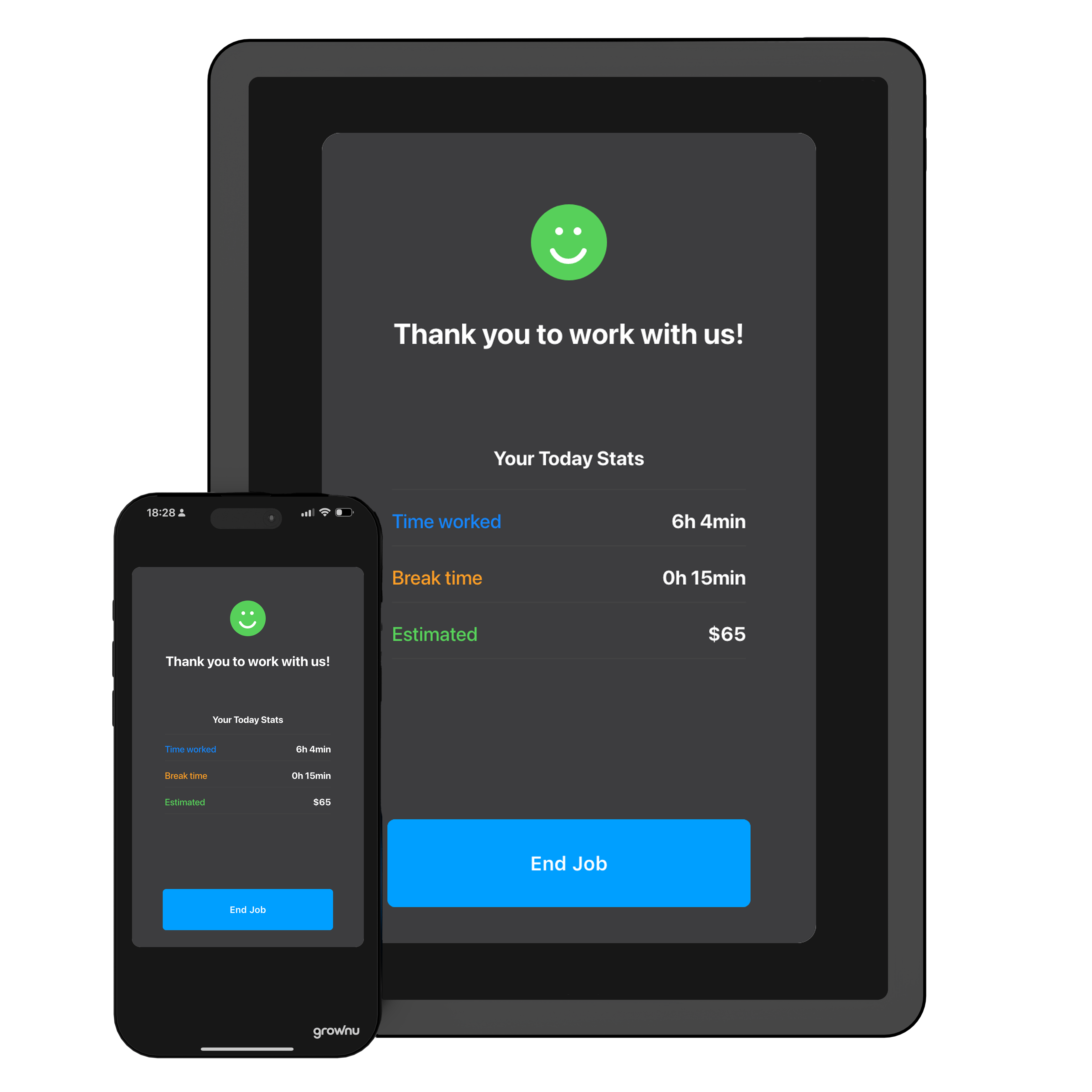 End-of-shift summary showing worked time and breaks on the device
