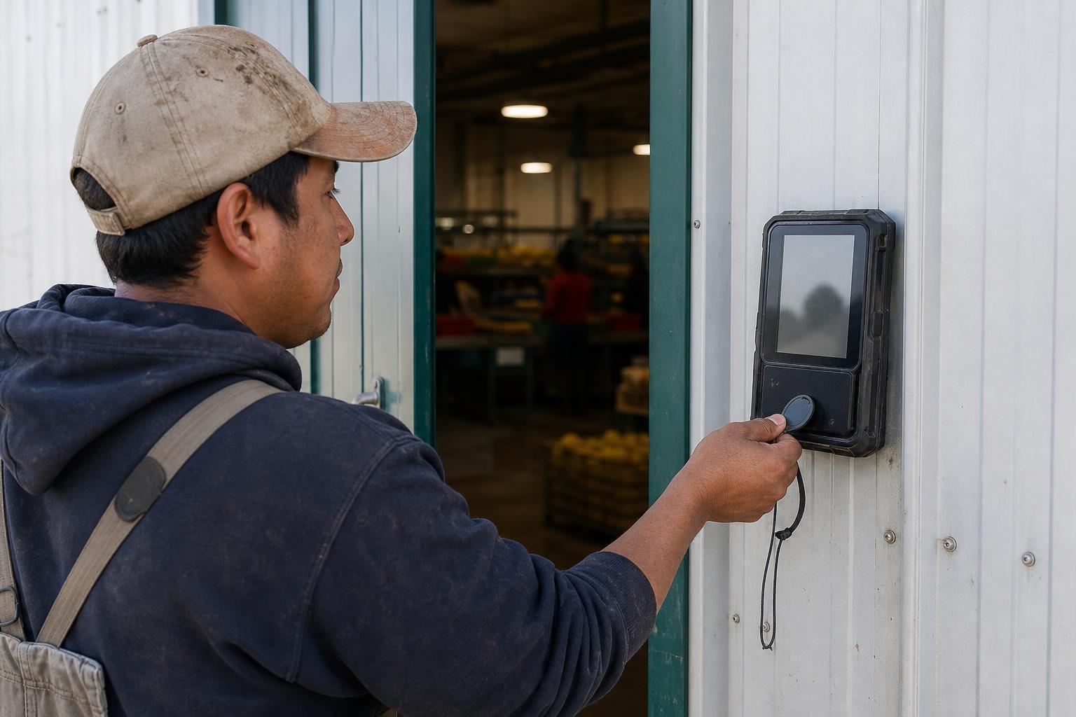 Farm worker using a rugged outdoor time attendance terminal at a packing shed