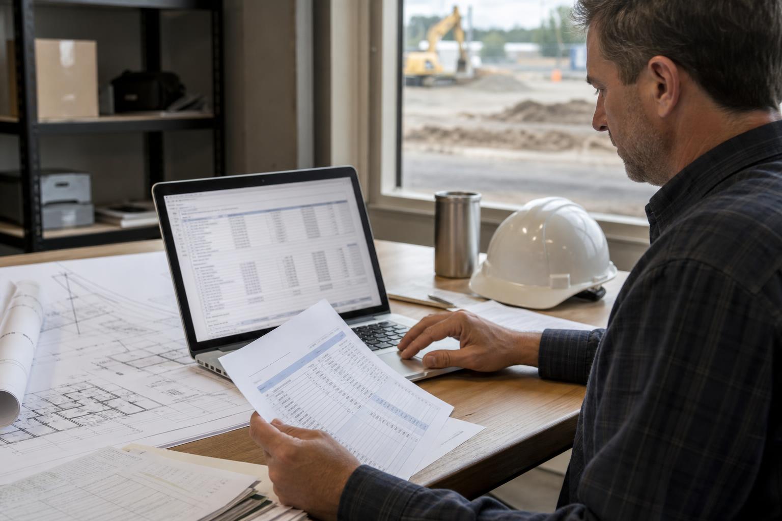 Construction office desk with a laptop showing project expense and customer-ready invoice records