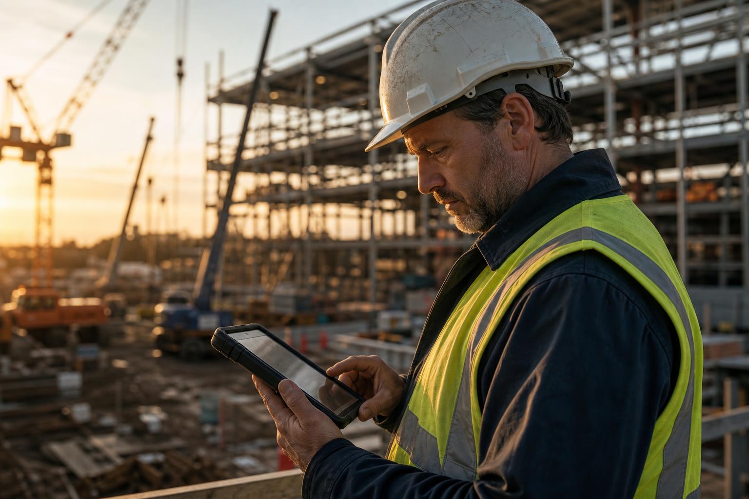 Construction operations manager checking live crew status on a tablet