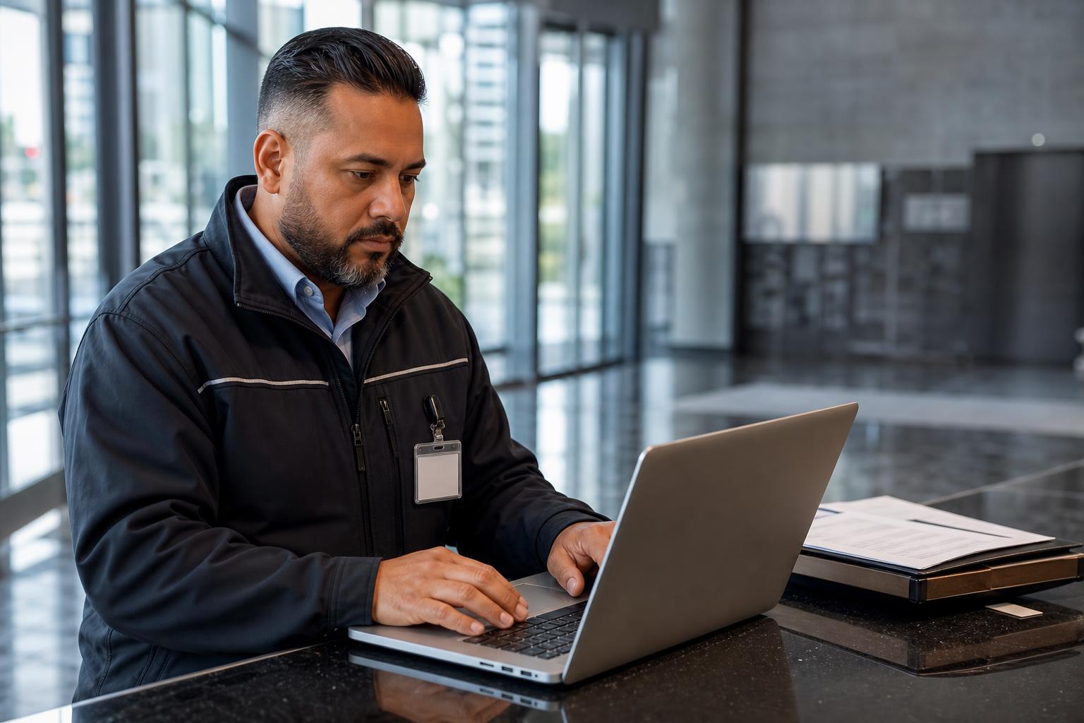 Facility operations manager in a commercial building lobby organizing customer documents and service plans on a laptop