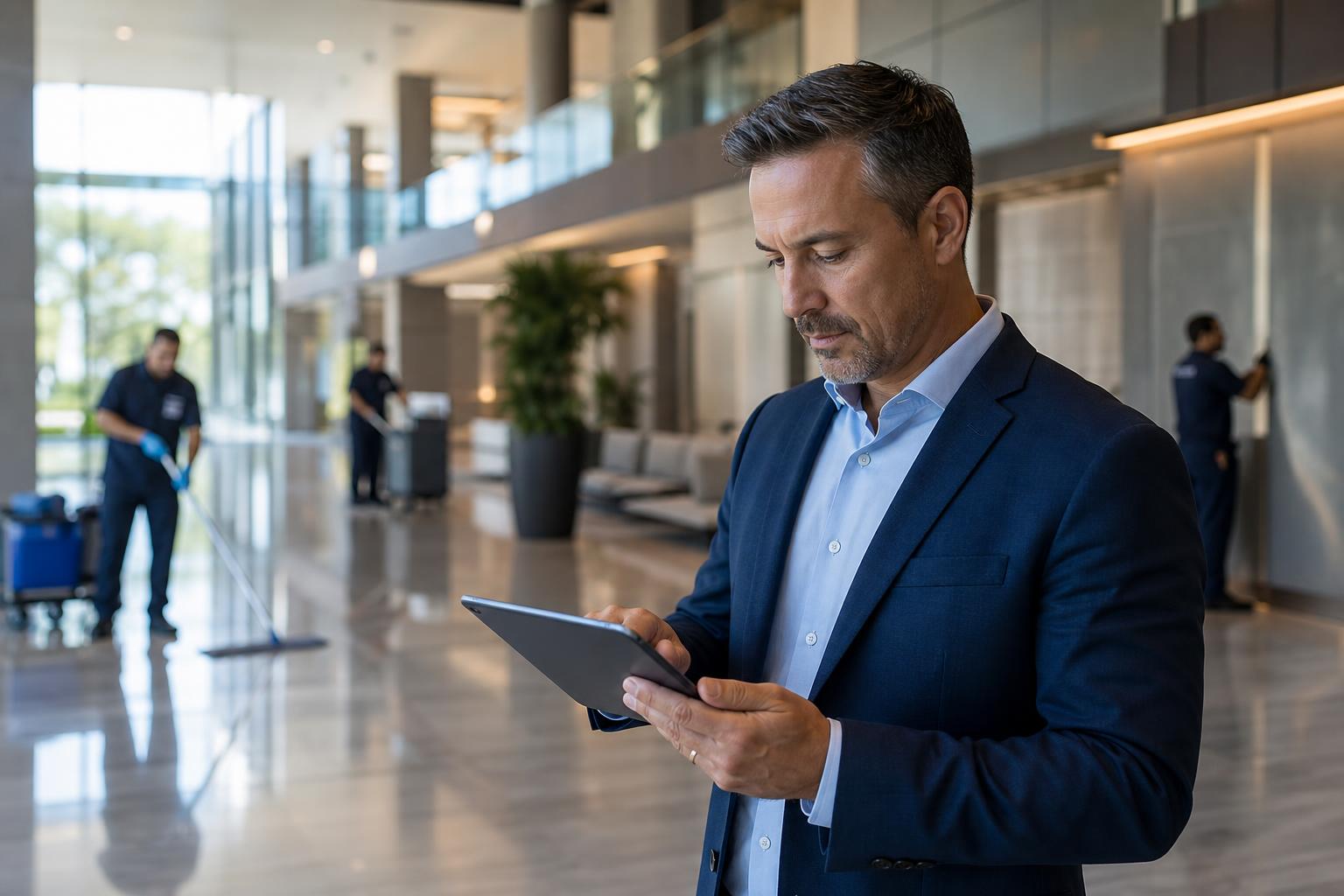 Facility services manager reviewing live coverage of multiple buildings on a tablet