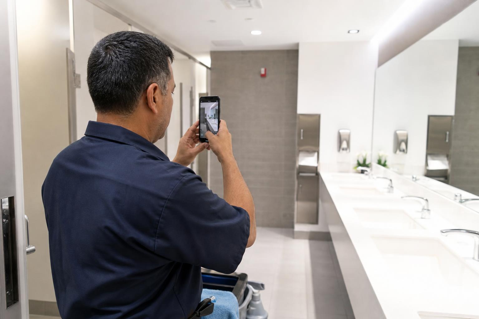 Facility crew member photographing completed work in a commercial building