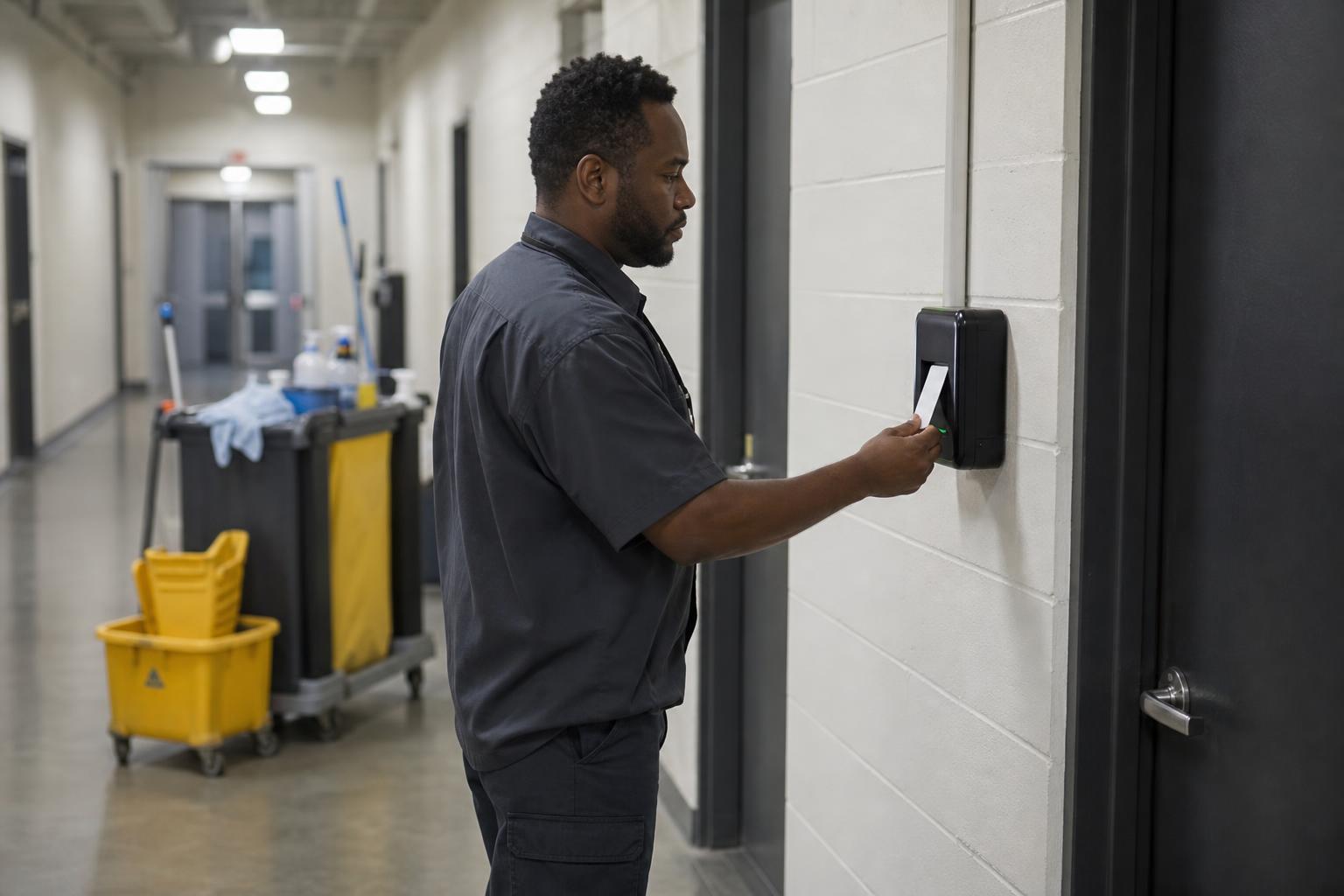 Facility worker using a wall-mounted time attendance terminal at a building entrance