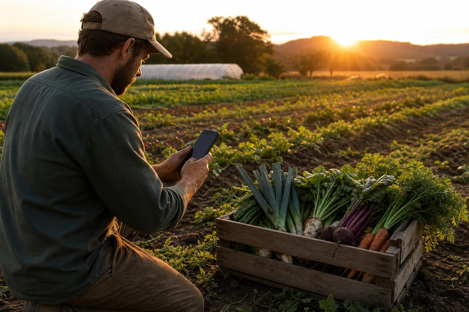 Farm worker using a smartphone to photograph crop condition in a field