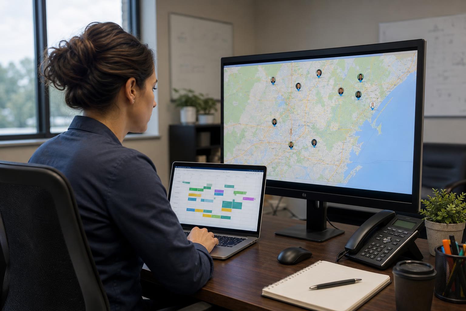 Field service operations manager reviewing a workforce map on a tablet