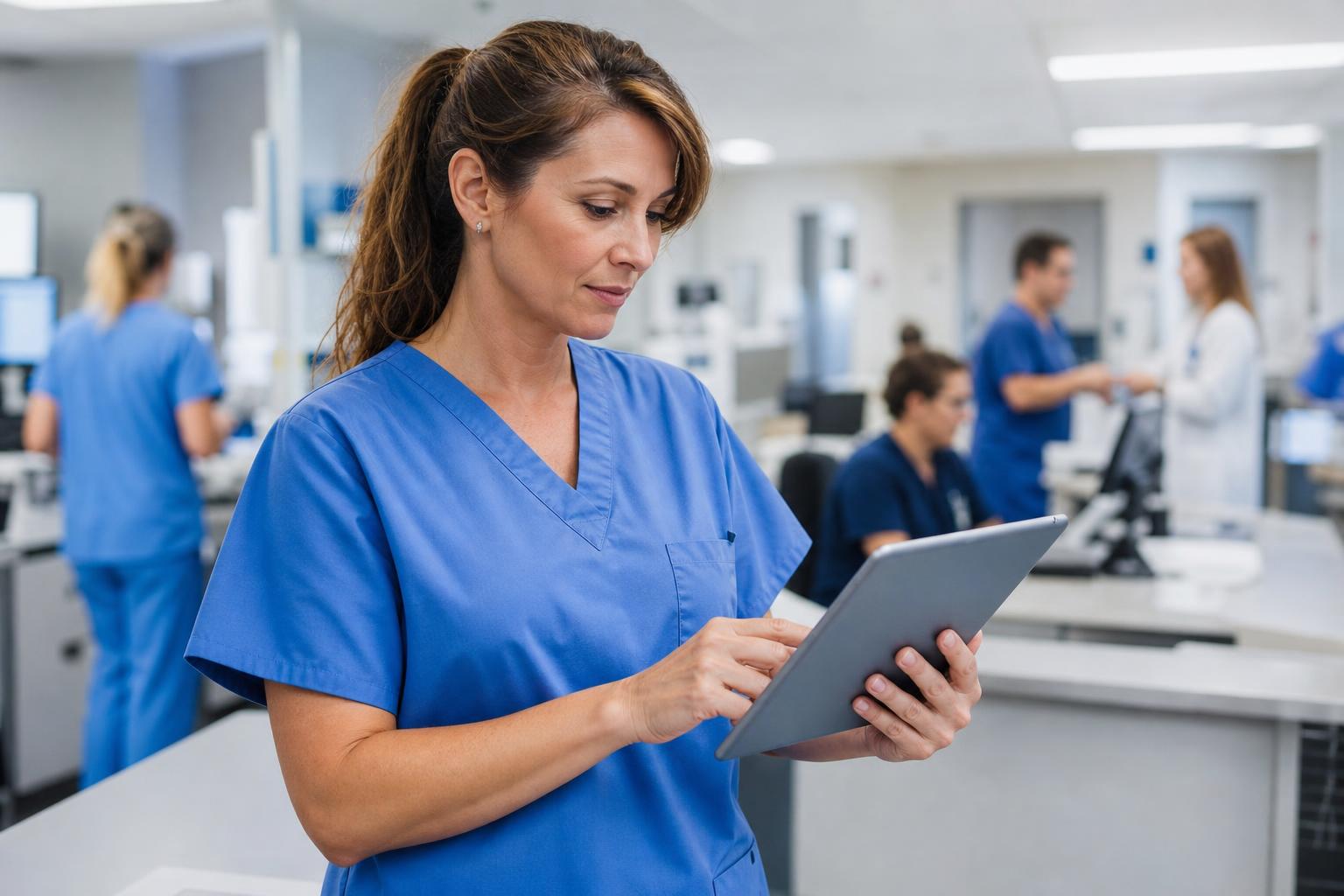 Care operations leader reviewing multi-department coverage on a tablet