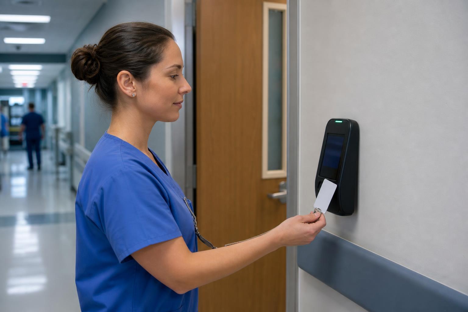 Care staff member using a wall-mounted time attendance terminal at a unit entrance