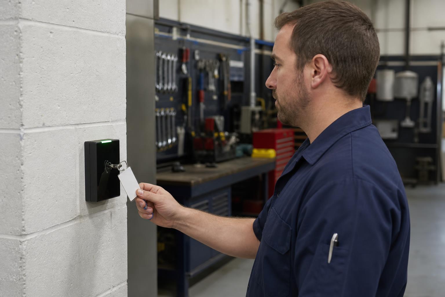 Technician using a wall-mounted time attendance terminal