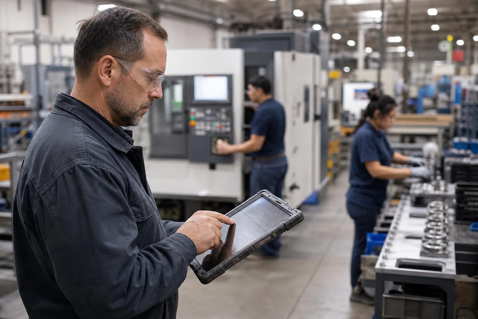 Operations director reviewing multi-plant workforce data on a tablet