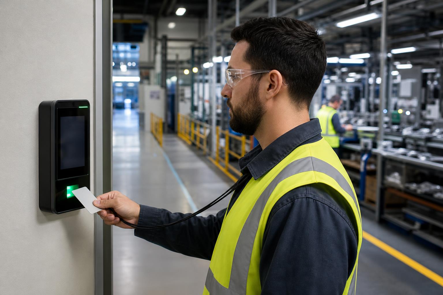 Manufacturing worker tapping an RFID badge on a wall-mounted time attendance terminal