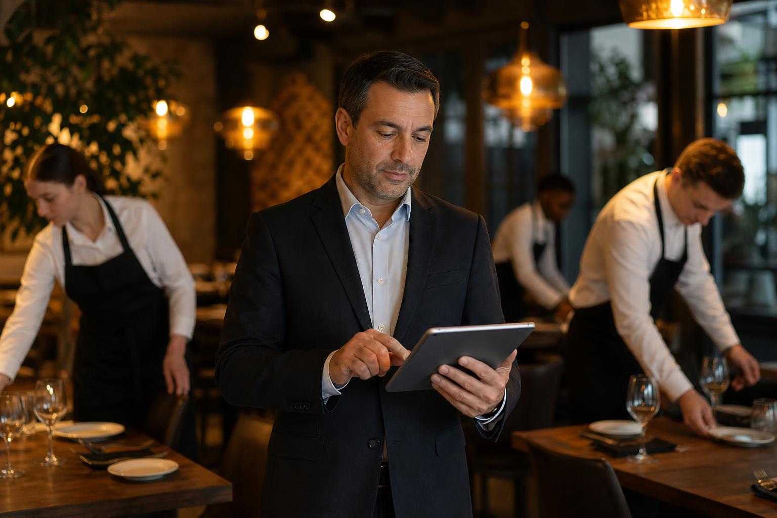 Restaurant manager reviewing time and break records on a tablet