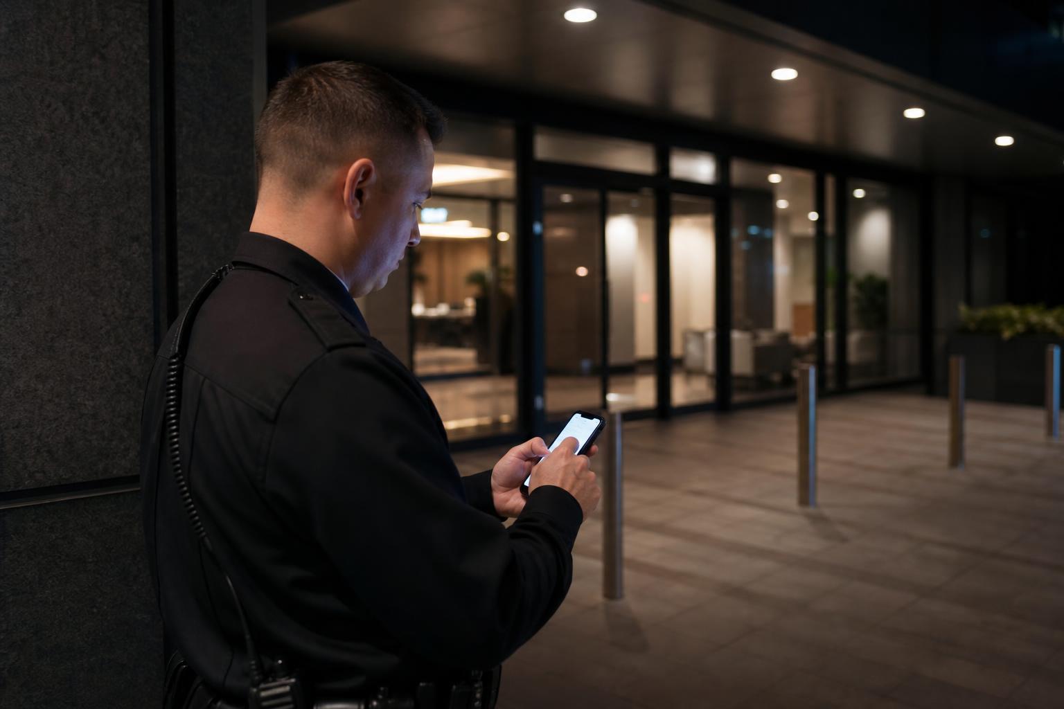 Security officer using a smartphone to document an incident report at a customer site