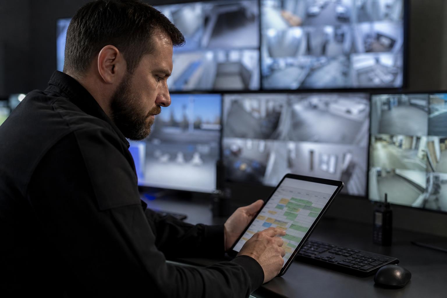Security operations supervisor reviewing live post coverage on a tablet