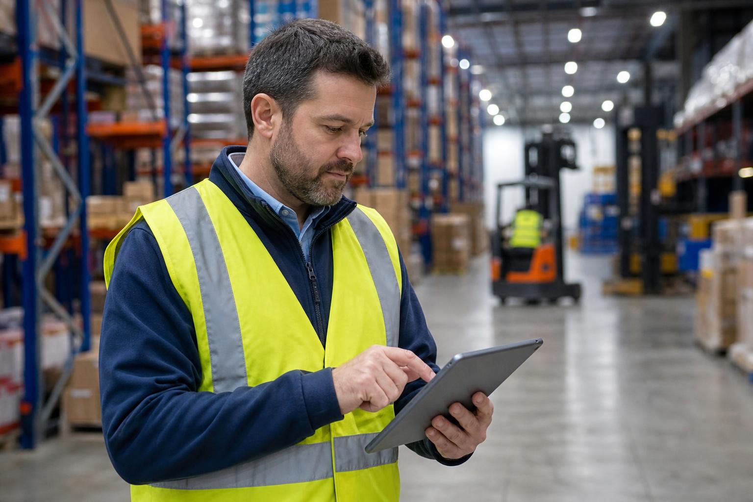 Logistics operations director reviewing multi-warehouse workforce data on a tablet