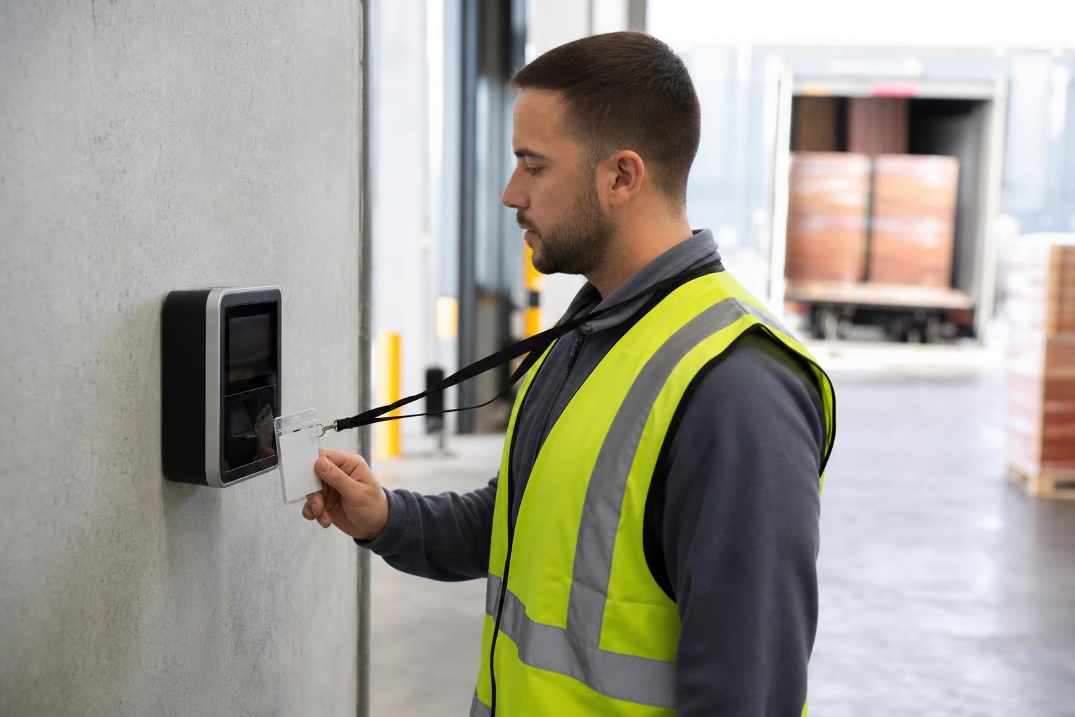 Warehouse associate tapping an RFID badge on a wall-mounted time attendance terminal