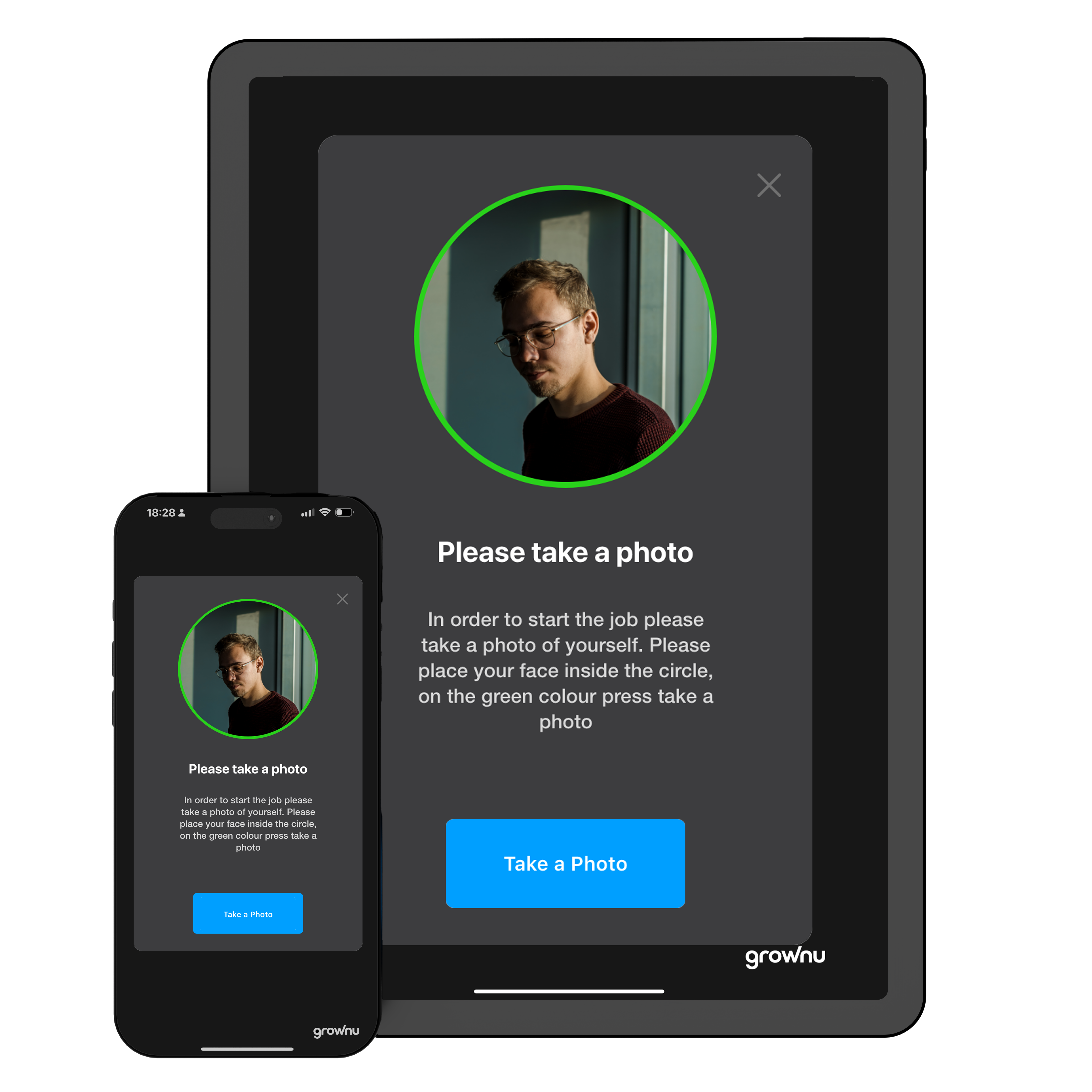 Optional photo capture at clock-in or out using a tablet or phone camera