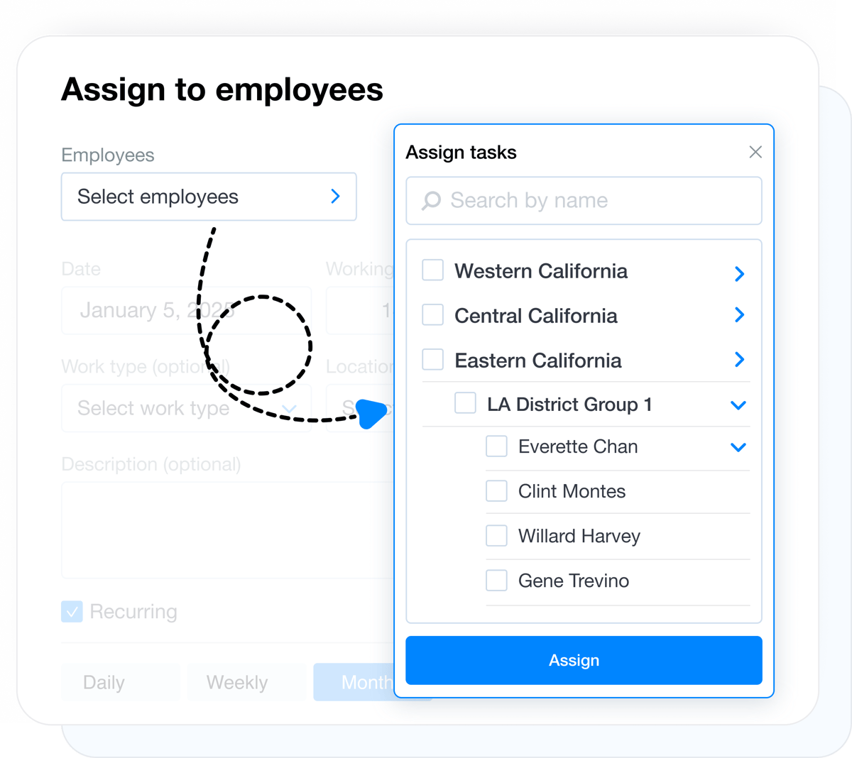 Task assignment to employees, teams, and crews in Grownu